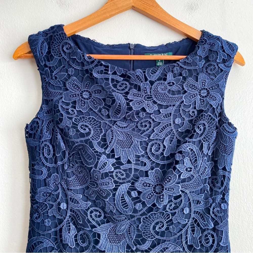 Lauren Ralph Lauren Navy Lace Floral Embroidered Wedding Sheath Dress Carer 4 - Picture 5 of 6